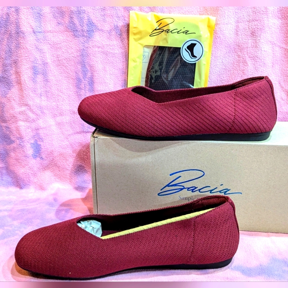 9 Bacia Begonia Red Knit Flat Ballet Box Washable comfort dressy trendy burgundy